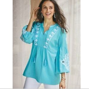 Soft Surroundings Boho Marissa Peasant Embroidery Bead Flax Coastal Spring Top